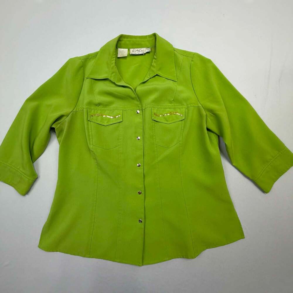 Cathy Che Stretch Women's Lime Green Button-Up Blouse
